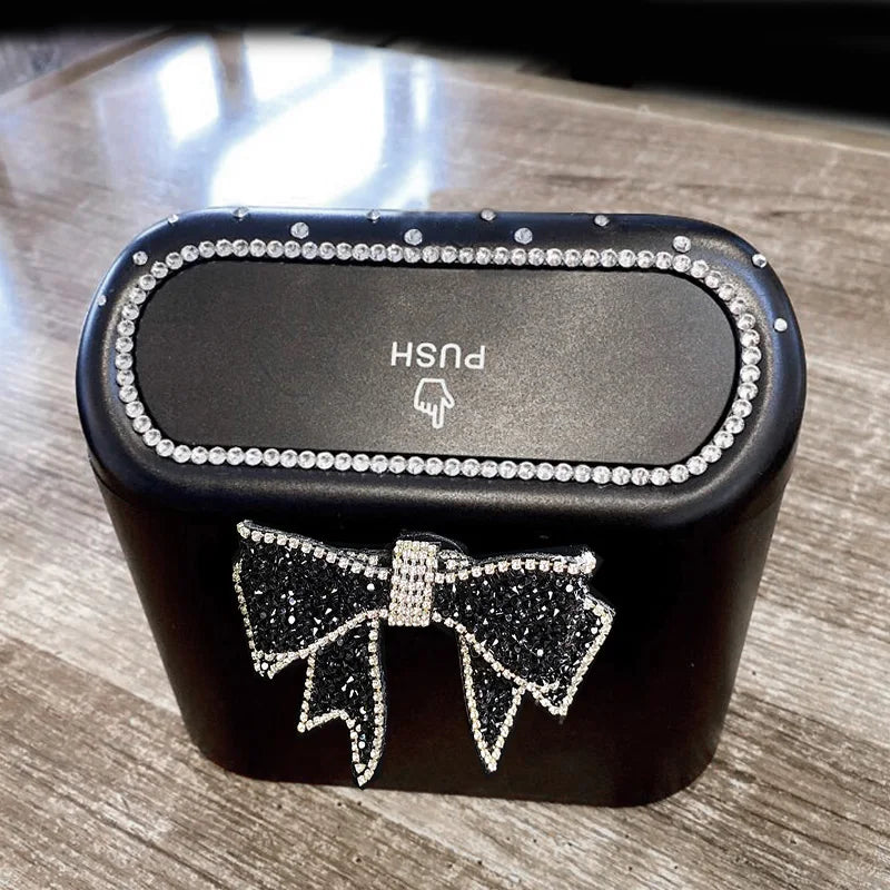 Luxus Auto‑Mülleimer mit Diamant‑Schleife – Hängend, Press‑Deckel, Kompakte Abfallbox für Fahrzeug‑Innenraum