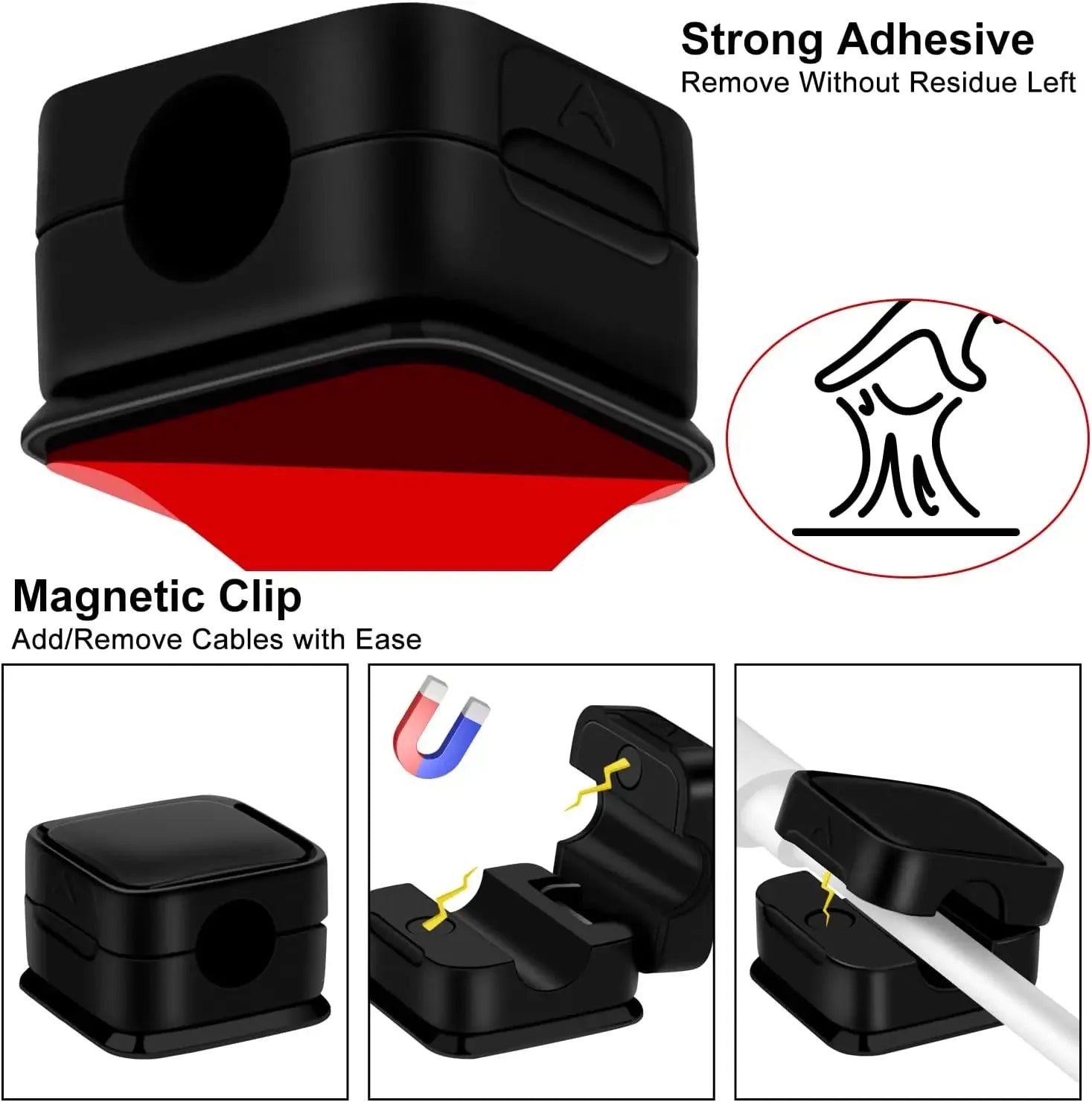 Magnetic Cable Clips – Schwarz, Weiss oder Mix | Verstellbare Magnet‑Kabelhalter | Unter‑Tisch Kabelmanagement | Smooth Adjustable Cord Holder