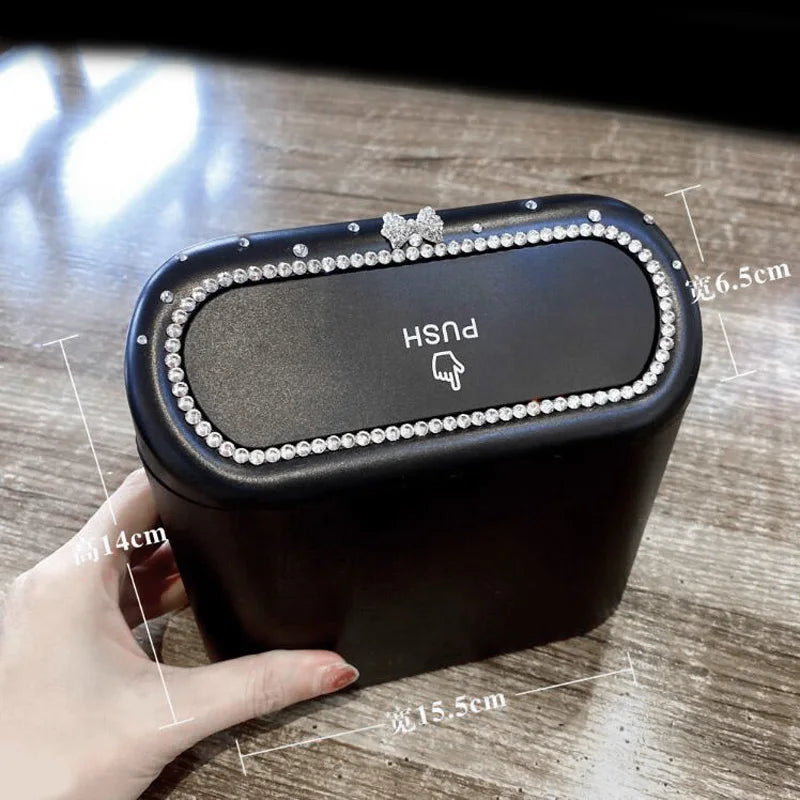 Luxus Auto‑Mülleimer mit Diamant‑Schleife – Hängend, Press‑Deckel, Kompakte Abfallbox für Fahrzeug‑Innenraum