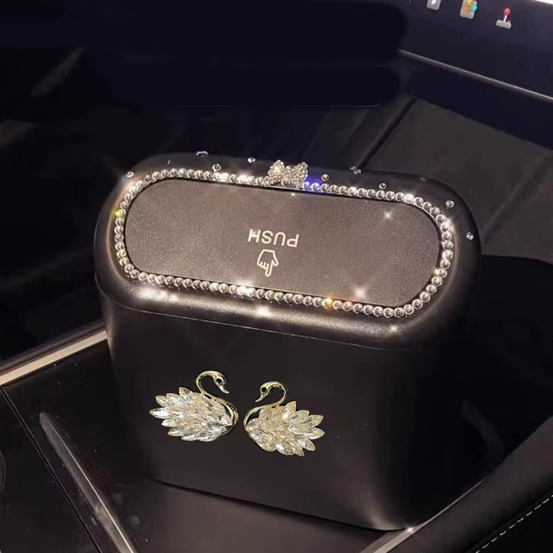 Luxus Auto‑Mülleimer mit Diamant‑Schleife – Hängend, Press‑Deckel, Kompakte Abfallbox für Fahrzeug‑Innenraum