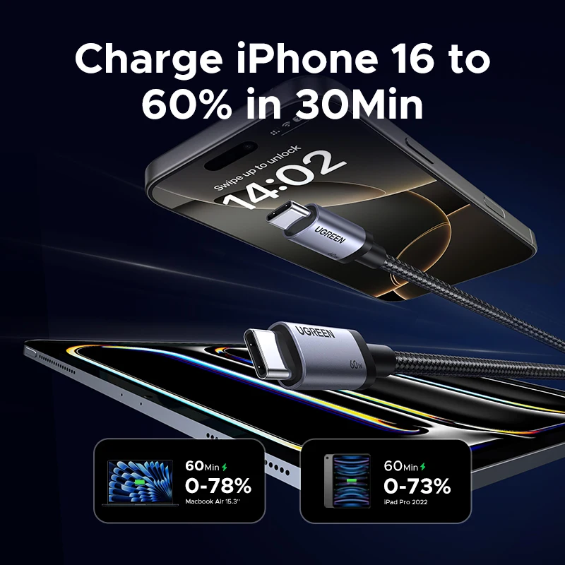 UGEERN PD60W USB‑C Schnellladekabel – Geflochtenes USB‑C auf USB‑C Kabel | Fast Charge & Datensync | Für iPhone 17/16, Samsung S25, Poco, iPad – in verschiedenen Längen