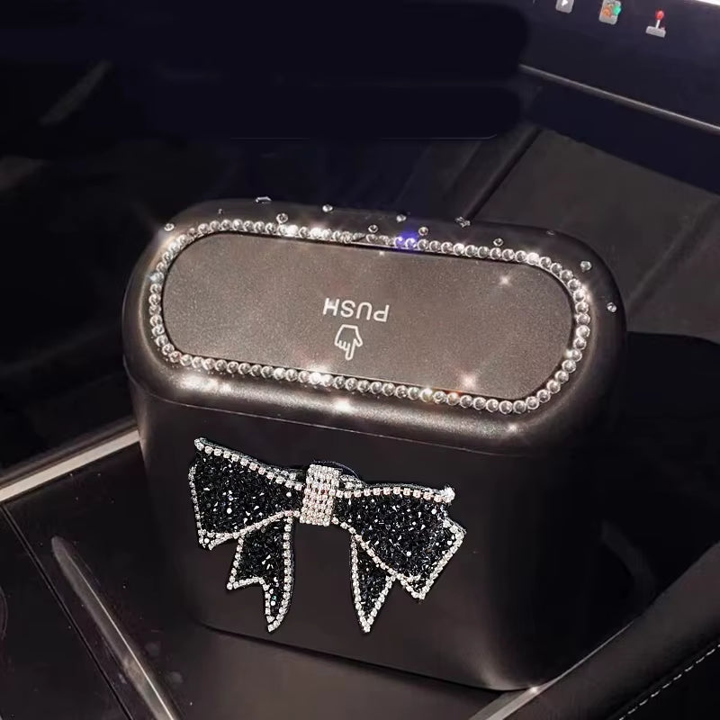 Luxus Auto‑Mülleimer mit Diamant‑Schleife – Hängend, Press‑Deckel, Kompakte Abfallbox für Fahrzeug‑Innenraum