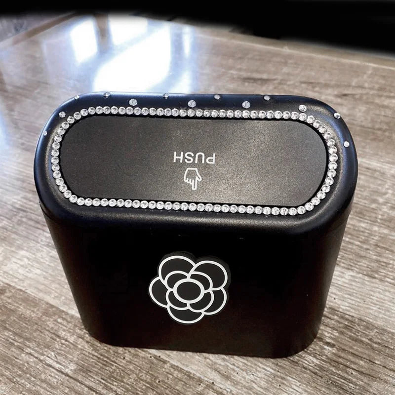 Luxus Auto‑Mülleimer mit Diamant‑Schleife – Hängend, Press‑Deckel, Kompakte Abfallbox für Fahrzeug‑Innenraum